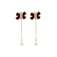 Zinc Alloy Rhinestone Drop Earring, with ABS Plastic Pearl & Velveteen, gold color plated, fashion jewelry & for woman & with rhinestone, two different colored 