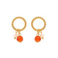 Stainless Steel Drop Earring, 304 Stainless Steel, with Red Agate & Freshwater Pearl, Vacuum Ion Plating, fashion jewelry & for woman, golden 