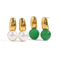 Stainless Steel Pearl Stud Earring, 304 Stainless Steel, with pearl & Green Agate, Vacuum Ion Plating, fashion jewelry & for woman 