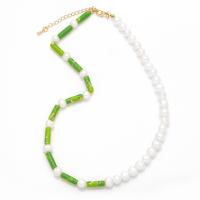 Collar de perlas de plástico, Perlas plásticas, con Jaspe Impresión & metal, con 2 extender cadena, 18K chapado en oro, para mujer, color mixto, 8x7mm, longitud:15.7 Inch, Vendido por UD