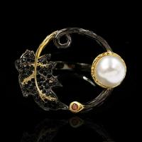 Pearl Brass Finger Ring, with Freshwater Pearl & for woman & with rhinestone 