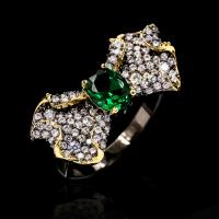 Rhinestone Brass Finger Ring, with Emerald, Bowknot & for woman & with rhinestone 