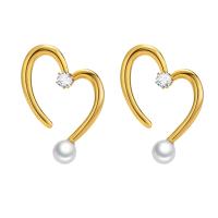 Stainless Steel Cubic Zirconia Stud Earring, 304 Stainless Steel, with Plastic Pearl, Heart, Vacuum Ion Plating, fashion jewelry & micro pave cubic zirconia & for woman, golden 
