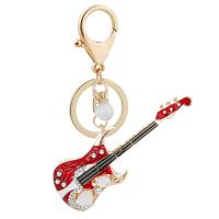 Rhinestone Zinc Alloy Key Chain, Guitar, gold color plated, portable & enamel & with rhinestone 