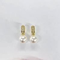 Huggie Hoop Drop Earring, Brass, with Plastic Pearl, real gold plated, micro pave cubic zirconia & for woman 26mm 