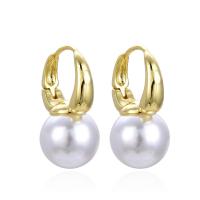 Brass Huggie Hoop Earring, with Plastic Pearl, plated, for woman 25mm 