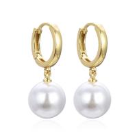 Huggie Hoop Drop Earring, Brass, with Plastic Pearl, plated, for woman 15mm 