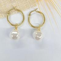 Huggie Hoop Drop Earring, Brass, with Plastic Pearl, real gold plated, for woman, gold, 40mm 