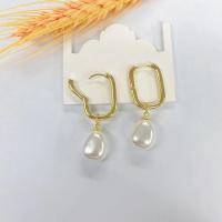 Huggie Hoop Drop Earring, Brass, with Plastic Pearl, real gold plated, for woman, gold, 40mm 