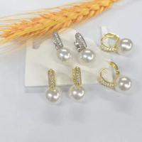 Brass Huggie Hoop Earring, with Plastic Pearl, plated, micro pave cubic zirconia & for woman 23mm 