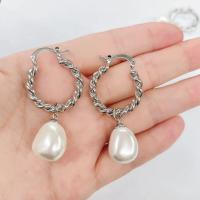 Huggie Hoop Drop Earring, Brass, with Plastic Pearl, plated, for woman 44.5mm 