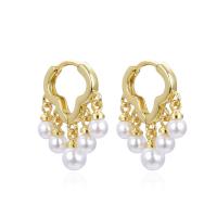 Brass Huggie Hoop Earring, with Plastic Pearl, plated & for woman 