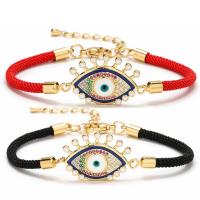 Evil Eye Jewelry Bracelet, Brass, with Cotton Cord, with 1.97 extender chain, gold color plated, micro pave cubic zirconia & for woman & enamel 25mm .69 Inch 