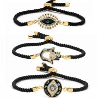 Evil Eye Jewelry Bracelet, Brass, with Cotton Cord, gold color plated, adjustable & micro pave cubic zirconia & for woman & enamel, black cm 
