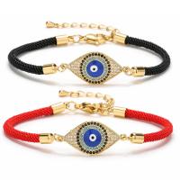 Evil Eye Jewelry Bracelet, Brass, with Cotton Cord, with 1.97 extender chain, gold color plated, micro pave cubic zirconia & for woman & enamel .69 Inch 