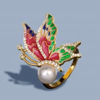 Pearl Brass Finger Ring, with Plastic Pearl, Butterfly, epoxy gel & micro pave cubic zirconia & for woman 