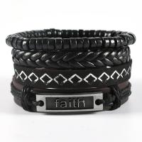 PU Leather Cord Bracelets, with Cowhide & Wood & Zinc Alloy, 4 pieces & fashion jewelry & Unisex, black Approx 17-18 cm 