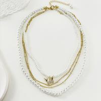 Fashion Multi Layer Necklace, Copper Alloy, with Plastic Pearl, with 1.97inch extender chain, Butterfly, high quality plated, fashion jewelry & multilayer & micro pave cubic zirconia & for woman, white Approx 12.99 Inch 