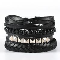 PU Leather Bracelet Set, with Cowhide & Wood & Zinc Alloy, 4 pieces & fashion jewelry & Unisex, black Approx 17-18 cm 