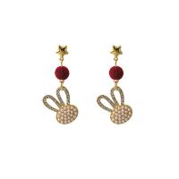 Plastic Pearl Zinc Alloy Earring, with ABS Plastic Pearl & Plush, Rabbit, gold color plated, fashion jewelry & micro pave cubic zirconia & for woman 