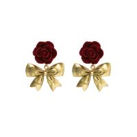 Zinc Alloy Drop Earring, with Velveteen, Rose, gold color plated, fashion jewelry & for woman, two different colored 