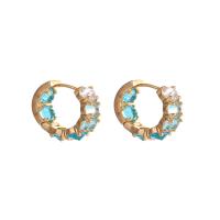 Brass Huggie Hoop Earring, gold color plated, for woman & with rhinestone, acid blue, 22mm 