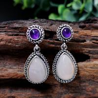 Gemstone Drop Earring, Zinc Alloy, with Amethyst & Rose Quartz, Teardrop, antique silver color plated, for woman, pink 
