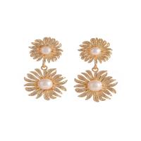 Brass Drop Earring, with Plastic Pearl, Flower, gold color plated, for woman, golden 