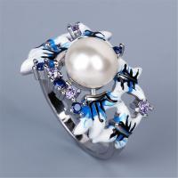 Pearl Brass Finger Ring, with Plastic Pearl, epoxy gel & micro pave cubic zirconia & for woman 