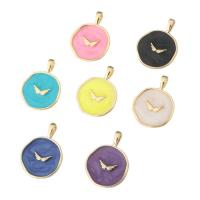 Enamel Brass Pendants, Flat Round, gold color plated, DIY & with wing pattern Approx 2mm 