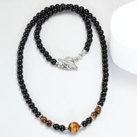 Gemstone Necklaces, Black Stone, with Lapis Lazuli & Lava & Tiger Eye & 304 Stainless Steel, Round, Unisex 6mm Approx 55 cm 