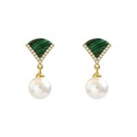 Cubic Zirconia Micro Pave Brass Earring, with Malachite & Plastic Pearl, Round, gold color plated, fashion jewelry & micro pave cubic zirconia & for woman 