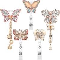 Zinc Alloy Badge Holder, with Plastic & Plastic Pearl, Butterfly, gold color plated, Unisex & retractable & with rhinestone 