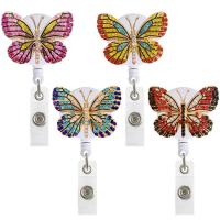 ABS Plastic Badge Holder, with Zinc Alloy, Butterfly, gold color plated, Unisex & retractable & with rhinestone 