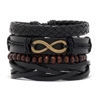 Cowhide Bracelets, with PU Leather & Wood & Zinc Alloy, 4 pieces & Adjustable & fashion jewelry & Unisex, black, 180mm 
