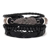 Cowhide Bracelets, with PU Leather & Wood & Zinc Alloy, Adjustable & three pieces & fashion jewelry & Unisex, black, 180mm 