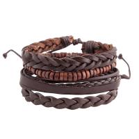 Cowhide Bracelets, with PU Leather & Wood, knit, 4 pieces & Adjustable & fashion jewelry & Unisex, brown, 180mm 
