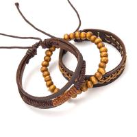 Cuir de vachette couche bracelet, avec cuir PU & bois, tricoter, Réglable & trois pièces & bijoux de mode & unisexe, brun, 180mm, Vendu par fixé