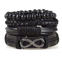 Cowhide Bracelets, with PU Leather & Wood & Zinc Alloy, knit, Adjustable & three pieces & fashion jewelry & Unisex, black, 180mm 