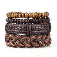 Cowhide Bracelets, with PU Leather & Wax Cord & Wood, knit, 4 pieces & Adjustable & fashion jewelry & Unisex, two different colored, 180mm 