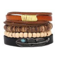 Cowhide Bracelets, with turquoise & Wood & Zinc Alloy, knit, 4 pieces & Adjustable & fashion jewelry & Unisex, multi-colored, 180mm 