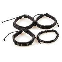 Cowhide Bracelets, with PU Leather & Wood & Zinc Alloy, knit, 4 pieces & Adjustable & fashion jewelry & Unisex, black, 180mm 