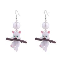 Resin Drop Earring, with Plastic Pearl, Cat, for woman, white 