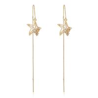 Brass Thread Through Earrings, Starfish, gold color plated, for woman & with rhinestone, golden 