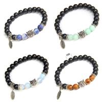 Gemstone Bracelets, Abrazine Stone, with Gemstone & Zinc Alloy, Owl, silver color plated & Unisex, mixed colors, 8mm .5 Inch 