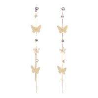 Fashion Fringe Earrings, Brass, Butterfly, gold color plated, for woman & with rhinestone, golden 