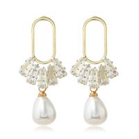 Rhinestone Brass Drop Earring, with Plastic Pearl, gold color plated, for woman & with rhinestone, golden 