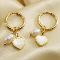 Huggie Hoop Drop Earring, Titanium Steel, with Plastic Pearl, Heart, 18K gold plated, fashion jewelry & for woman, golden, 31mm 