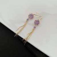 Fashion Fringe Earrings, Brass, with Cubic Zirconia, gold color plated, fashion jewelry & for woman 88mm 