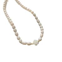 Freshwater Pearl Brass Necklace, with Brass, with 5cm extender chain, Flower, gold color plated, fashion jewelry & for woman, white cm 